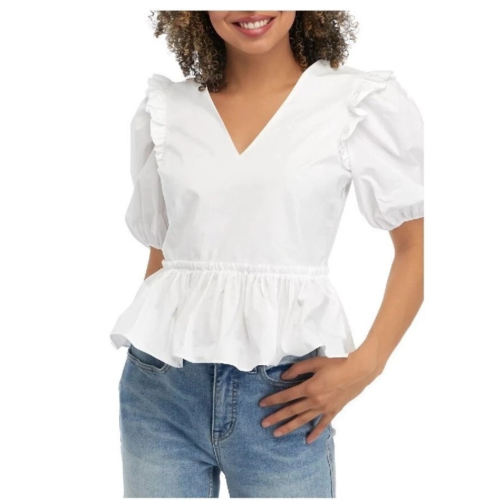 English Factory V Neck Ruffle Puff Sleeve White Top Size M Casual Party